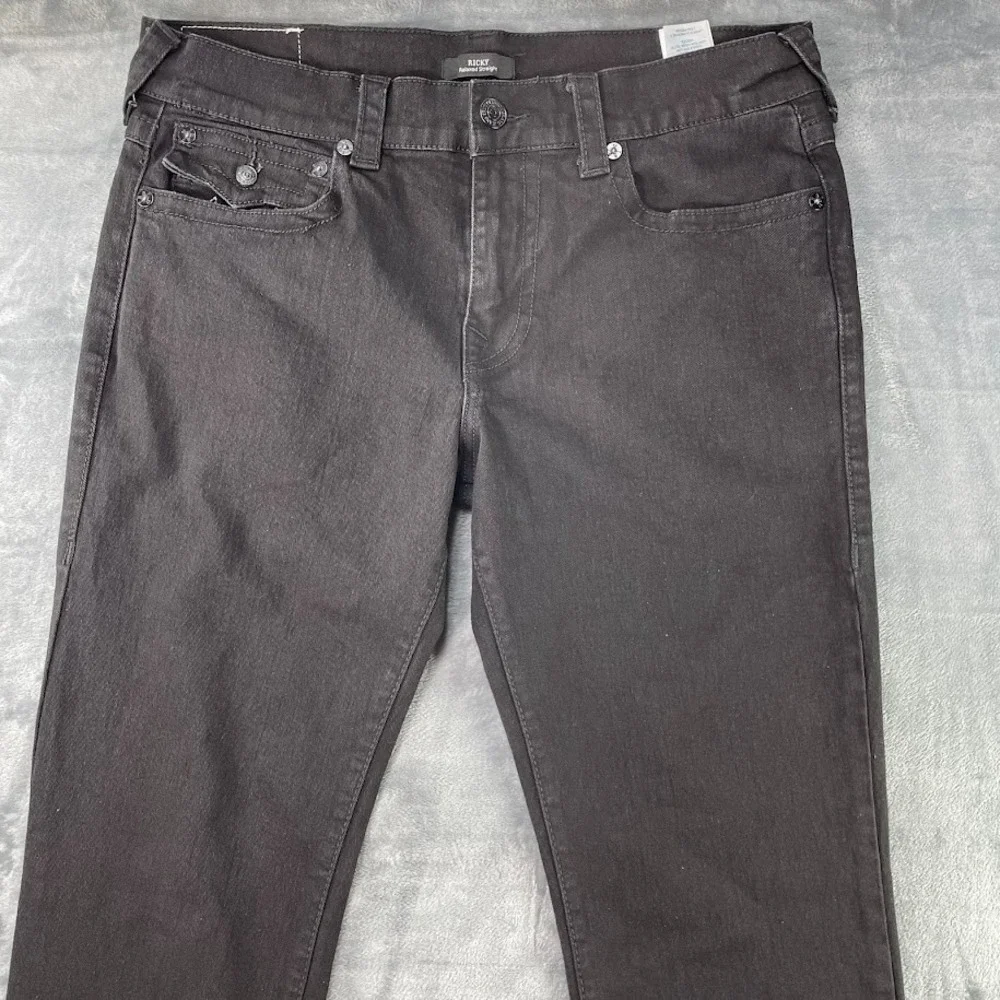 TRUE RELIGION Ricky Relaxed Straight Jeans Size 34 Fits 36x30 Black Stretch